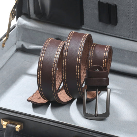 حزام جلد طبيعي كاجوال للحياة اليومية بخياطة مزدوجة وإبزيم مقاوم للخدش B19
